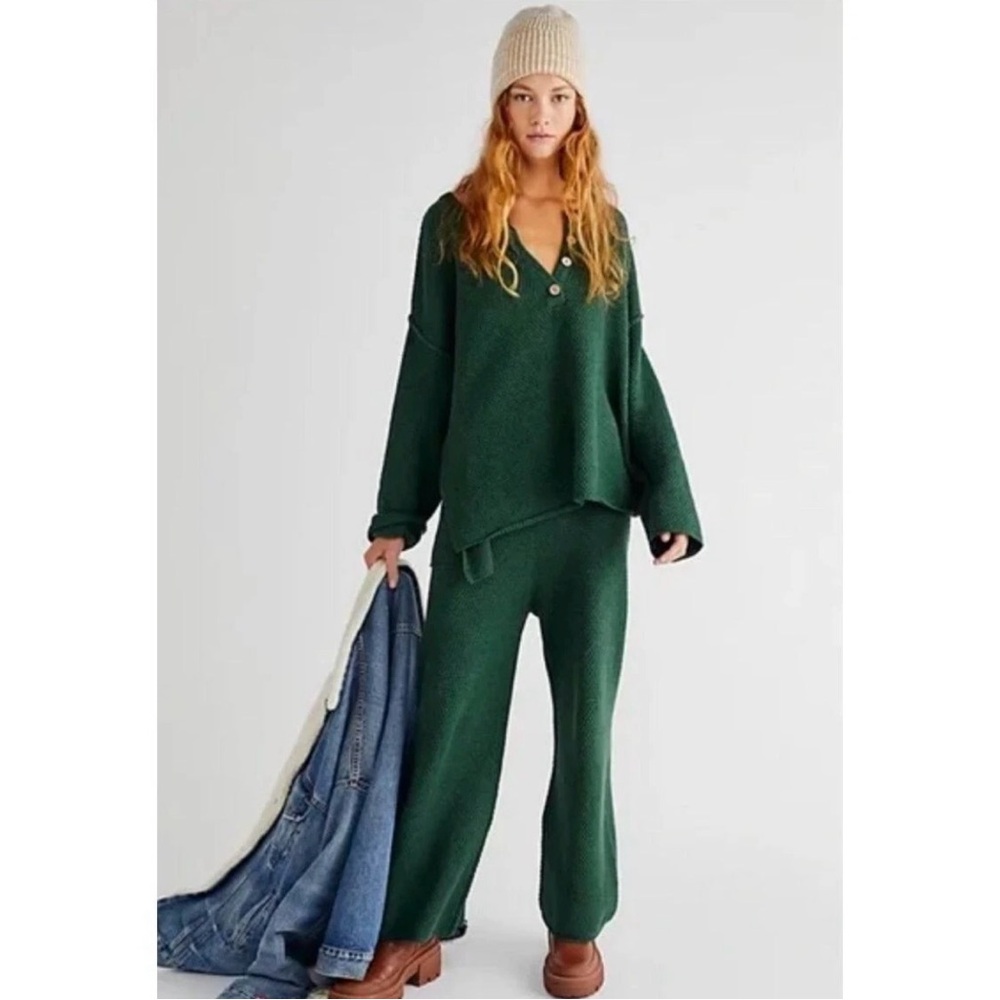Free People Beach Hailee  Henley Set Waffle Weave Large Green Pine Loungewear